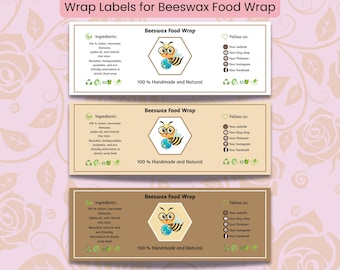 Pode incluir: Três etiquetas retangulares para embalagens de alimentos de cera de abelha. Cada etiqueta apresenta o texto "Beeswax Food Wrap", ingredientes e "100% Handmade and Natural". As etiquetas têm um gráfico de abelha e ícones de mídia social. O fundo é um padrão floral.