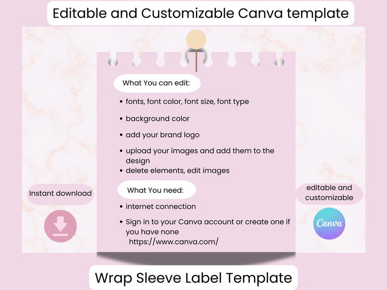 Puede incluir: Una plantilla digital rosa con el texto "Plantilla de Canva editable y personalizable". La plantilla incluye una lista de funciones y requisitos editables, con el logotipo de Canva. Tambi&eacute;n son visibles las palabras "Descarga instant&aacute;nea".