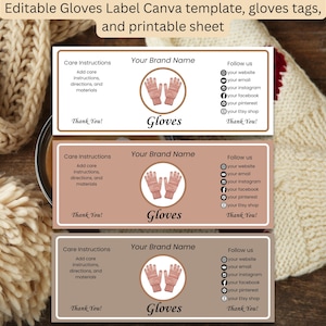Puede incluir: Tres etiquetas rectangulares con un diseño de guantes, instrucciones de cuidado e iconos de redes sociales. Las etiquetas son en tonos marrones y beige, con el texto "Guantes" y "Tu nombre de marca". La parte superior de la imagen dice "Plantilla Canva de etiqueta de guantes editable, etiquetas de guantes y hoja imprimible."