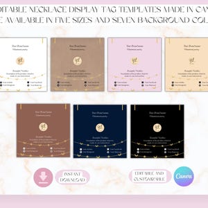 Plantillas de Canva para etiquetas de exhibición de collares editables de bricolaje, ideales para exhibir o colgar sus joyas de collar hechas a mano, cinco tamaños y siete colores