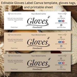 Może przedstawiać: Trzy prostokątne etykiety ze słowem "Gloves" w czcionce skryptowej i słowem "Handmade" poniżej. Etykiety zawierają sekcje z instrukcjami pielęgnacji, nazwą marki i linkami do mediów społecznościowych. Etykiety znajdują się na neutralnym tle.