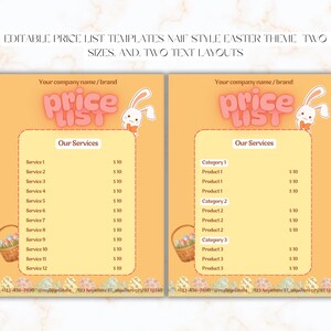DIY bearbeitbare Preisliste Canva-Vorlage drei Osterthemen im naiven Stil in zwei Größen mit zwei Textlayouts, die sich hervorragend für Osterprodukte eignen