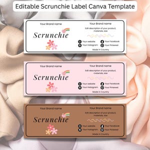 Pode incluir: Três modelos de etiquetas para scrunchies em branco, rosa e castanho, cada um com a palavra "Scrunchie" e espaço para detalhes da marca. As etiquetas incluem ícones de mídia social e o texto "Made in Country."