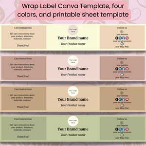 Puede incluir: Plantilla Canva imprimible para etiquetas envolventes en cuatro colores. Cada etiqueta incluye secciones para el nombre de la marca, el nombre del producto, instrucciones de cuidado y enlaces de redes sociales. La plantilla est&aacute; dise&ntilde;ada para una f&aacute;cil personalizaci&oacute;n.