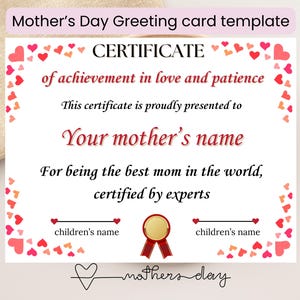 Cartão de felicitações engraçado, humorístico e exclusivo editável para o dia das mães Modelo Canva Cartão personalizado faça você mesmo para a mãe "certificado de realização, prêmio"