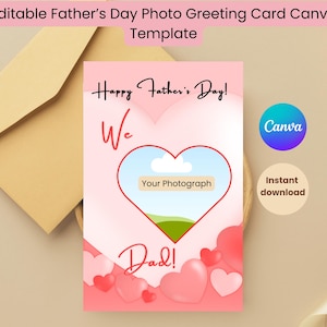 Modelo de cartão fotográfico editável para o Dia dos Pais no Canva | Cartão de felicitações com fotografia do pai faça você mesmo | Cartão personalizado para impressão | Cartão personalizado para o pai