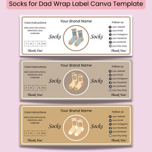 May include: Three rectangular label templates for socks, featuring illustrations of socks with "Cool Dad" text. Each label includes space for a brand name, care instructions, and social media links. The background is a light pink.