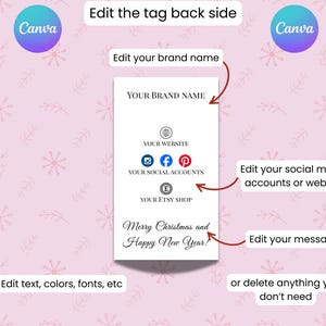 Puede incluir: Una etiqueta rectangular blanca con el texto "YOUR BRAND NAME", iconos de redes sociales y el mensaje "Merry Christmas and Happy New Year!". La etiqueta est&aacute; sobre un fondo rosa con patrones de copos de nieve y hojas.