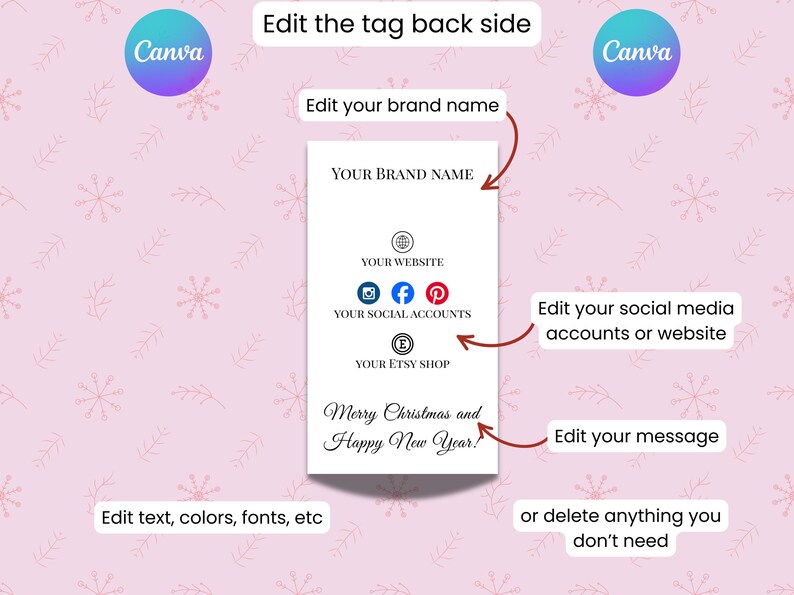 Puede incluir: Una etiqueta rectangular blanca con el texto "YOUR BRAND NAME", iconos de redes sociales y el mensaje "Merry Christmas and Happy New Year!". La etiqueta est&aacute; sobre un fondo rosa con patrones de copos de nieve y hojas.