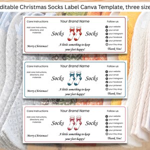 Może przedstawiać: Edytowalny szablon Canva etykiety na skarpetki świąteczne w trzech rozmiarach. Etykiety zawierają pola tekstowe z instrukcjami pielęgnacji i nazwą marki. Każda etykieta ma inny kolor obramowania i wzór skarpet.
