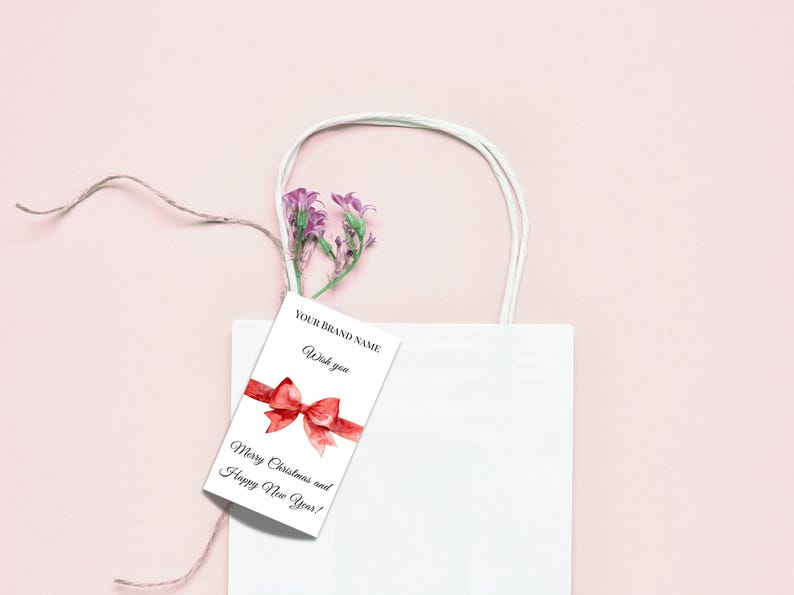 Puede incluir: Una bolsa de regalo blanca con una etiqueta con un lazo rojo y el texto "Merry Christmas and Happy New Year!". La etiqueta tambi&eacute;n incluye el texto "YOUR BRAND NAME" y "Wish you". El fondo es rosa claro.
