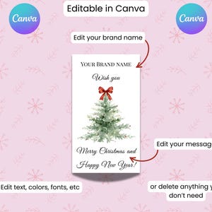 Puede incluir: Un dise&ntilde;o navide&ntilde;o con un &aacute;rbol de Navidad en acuarela, un lazo rojo y el texto "Merry Christmas and Happy New Year!" en una tarjeta blanca. El dise&ntilde;o es editable en Canva.