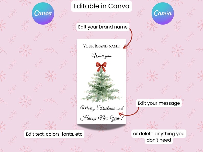 Puede incluir: Un dise&ntilde;o navide&ntilde;o con un &aacute;rbol de Navidad en acuarela, un lazo rojo y el texto "Merry Christmas and Happy New Year!" en una tarjeta blanca. El dise&ntilde;o es editable en Canva.