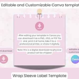 Puede incluir: Plantilla de descarga digital rosa para una etiqueta de manga envolvente. La imagen incluye el texto "Plantilla Canva editable y personalizable" y "Descarga instant&aacute;nea". La plantilla se puede descargar como PNG, JPEG o PDF.