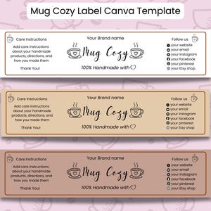 Bewerkbare mok gezellige labelcanvasjabloon | Wikkel met cupmouw | 6 maten, 3 kleuren | Afdrukbaar vel US Letter, A4 | Direct downloaden