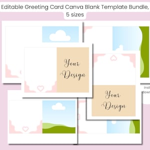 May include: A bundle of greeting card templates in various sizes. The cards feature a white background with pink and beige accents, and some have landscape illustrations. Text includes "Your Design" and "Instant download."