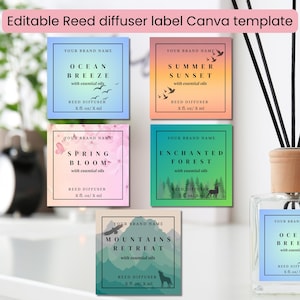 May include: Ten printable reed diffuser labels with different coloured backgrounds and designs. The labels feature text that says "Reed Diffuser" and the scent name, such as "Ocean Breeze", "Summer Sunset", "Spring Bloom", "Enchanted Forest", and "Mountains Retreat".