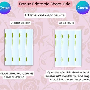 Puede incluir: Una cuadr&iacute;cula de hoja digital con un dise&ntilde;o azul claro y verde, disponible en tama&ntilde;os de papel US letter (21,6 x 27,9 cm) y A4 (21,0 x 29,7 cm). El logotipo de Canva es visible. Se proporcionan instrucciones.