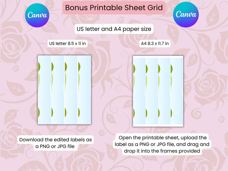 Puede incluir: Una cuadr&iacute;cula de hoja digital con un dise&ntilde;o azul claro y verde, disponible en tama&ntilde;os de papel US letter (21,6 x 27,9 cm) y A4 (21,0 x 29,7 cm). El logotipo de Canva es visible. Se proporcionan instrucciones.
