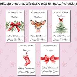 Plantilla editable de Canva para etiquetas de regalo de Feliz Navidad y Feliz Año Nuevo / Tamaño 2x3.5 pulgadas / Cinco diseños festivos / Hoja imprimible tamaño Carta de EE. UU., A4 imagen 1