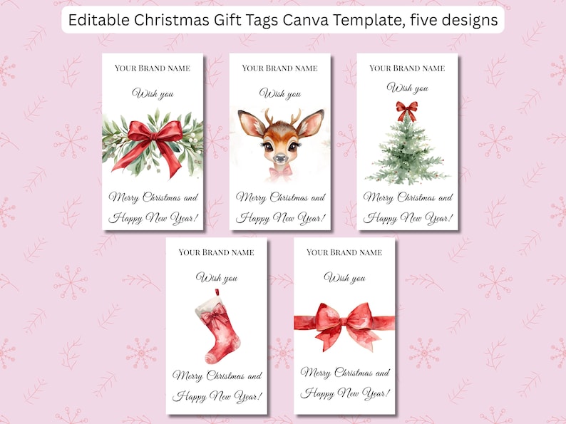 Plantilla editable de Canva para etiquetas de regalo de Feliz Navidad y Feliz Año Nuevo / Tamaño 2x3.5 pulgadas / Cinco diseños festivos / Hoja imprimible tamaño Carta de EE. UU., A4 imagen 1