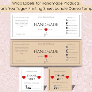 Pode incluir: Um pacote de etiquetas de embrulho e cartões de agradecimento imprimíveis para produtos artesanais. As etiquetas apresentam "Handmade with love for you" e "Thank You!" com corações. Inclui instruções de cuidados e ícones de mídia social.