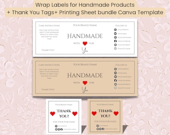 Editierbare Wrap Labels Canva Template für handgemachte Produkte|DIY Verpackung|Wraps für Häkeln, Handgestrickt, Küchentücher, Socken, Babykleidung