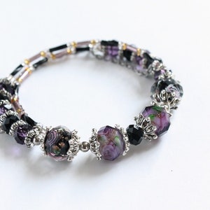 Plum Purple and Black Lampwork Glass Bead Memory Wire Bangle