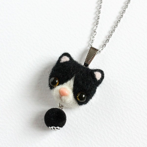 Needle Felted Tuxedo Cat necklace or brooch or ring or shawl pin