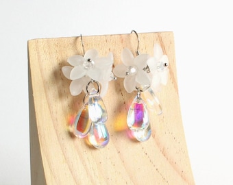 White Flowers with Aurora Borealis Dangles Earring