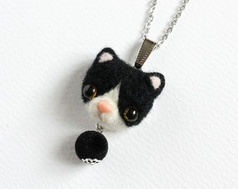 Needle Felted Tuxedo Cat necklace or brooch or ring or shawl pin