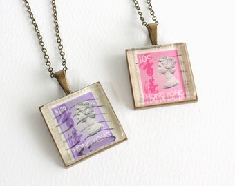 Queen Elizabeth II Hong Kong Vintage Stamp Necklace