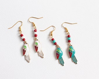 Teal Parrot Earrings / White Parrot Earrings (Hook or clip-ons)