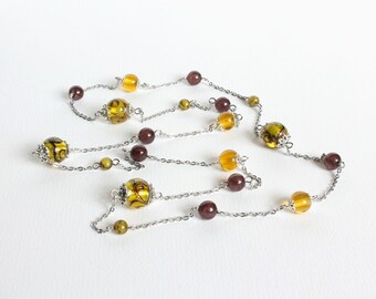 Yellow Lampwork and Brown Beads Long Necklace