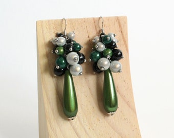 Green Black White Sheening Cluster Long Earrings