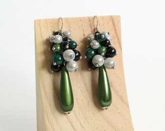Green Black White Sheening Cluster Long Earrings