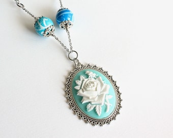 Large Flower Cameo Long Necklace in Sky Blue and White color