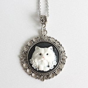 White Persian Cat Round Cameo Necklace