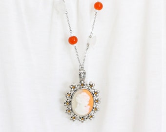 Large Orange White Cameo Long Necklace
