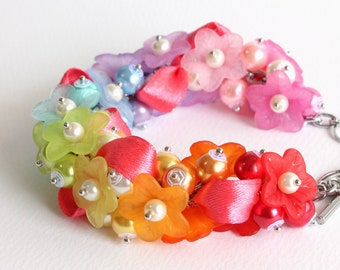 Rainbow Flower Cluster Bracelet and Earrings Set