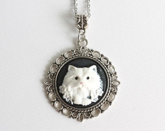 White Persian Cat Round Cameo Necklace