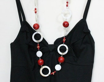 Shell Coral and Red Beads Long Chunky Necklace