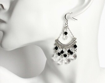 Chandelier Earrings with Black and Clear Teardrop Beads