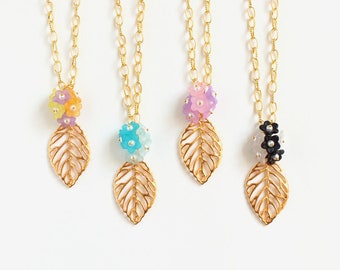 Gold Leaf and Mini Flowers Long Necklace