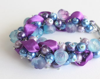 Purple Blue Indigo Rose Cluster Cluster Bracelet and Earrings set