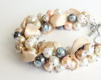 Natural Pearl Color Cluster Bracelet and Earrings Set