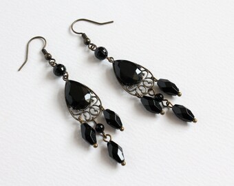 Black Faceted Teardrop with Dangles Earrings