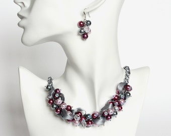 Red-Violet, Mauve and Gray Cluster Necklace and Earrings Set