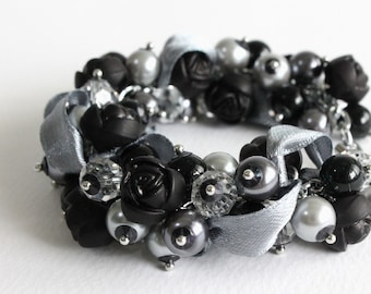Black Gray Rose Cluster Bracelet and Earring Set