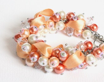 Peach Orange White Bridesmaid Cluster Bracelet and Earrings Set